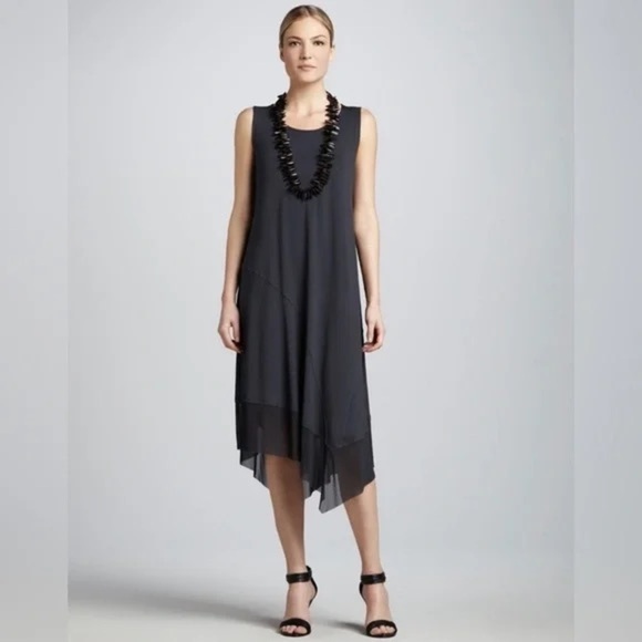 Eileen Fisher Asymmetrical Mesh Handkerchief Hem Sleeveless Jersey Dress - Picture 1 of 9